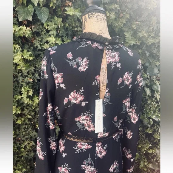 June & Hudson Black Maxi Dress Whimsigoth Boho Goth Floral Ruffles Lace Velvet - Picture 3 of 13